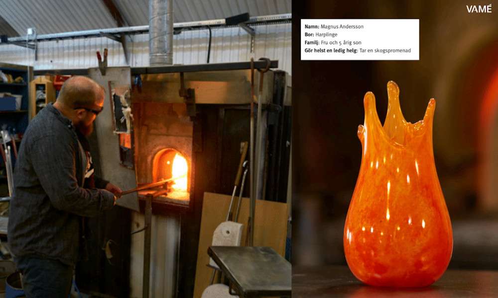 Magnus "Glasblåsare" Andersson jobbar i Steninge Glashytta med att skapa glaskonst.
