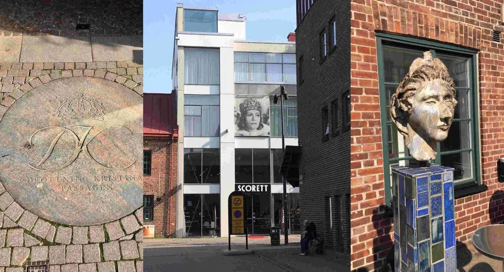 Drottning Kristina är närvarande på flera platser i Halmstad. Som staty, väggmålning och gatukonst.